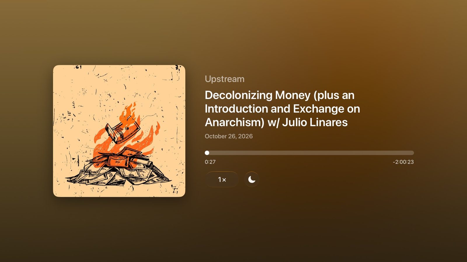 Now Playing for a podcast episode, with its art, seek bar, speed and night mode buttons.