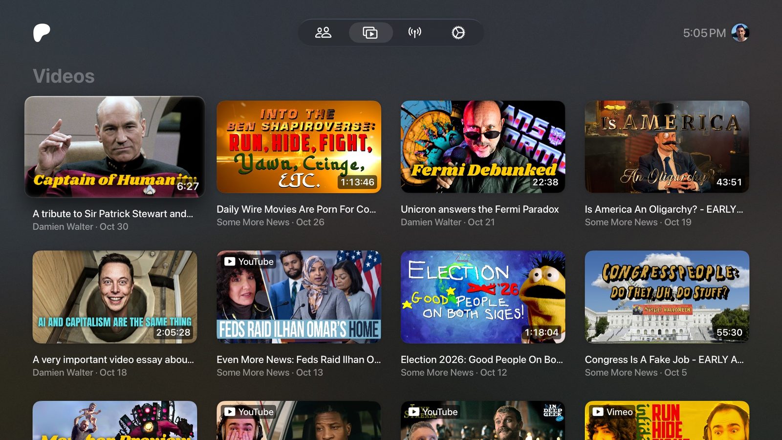 The Videos tab, with the latest videos from every creator you support.